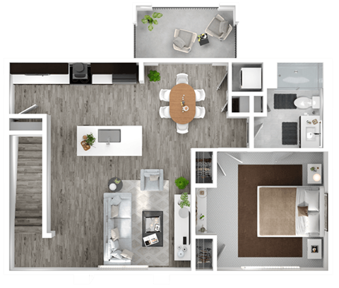 Floor plan for 1 bed, 1 bath, 897 sqft